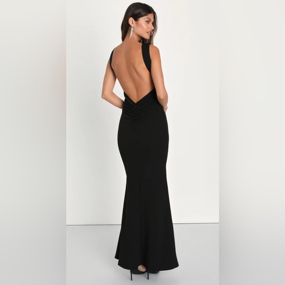 Lulus Size Medium Alluring Temptation Black Backless Ruched Mermaid Maxi Dress - Picture 2 of 14